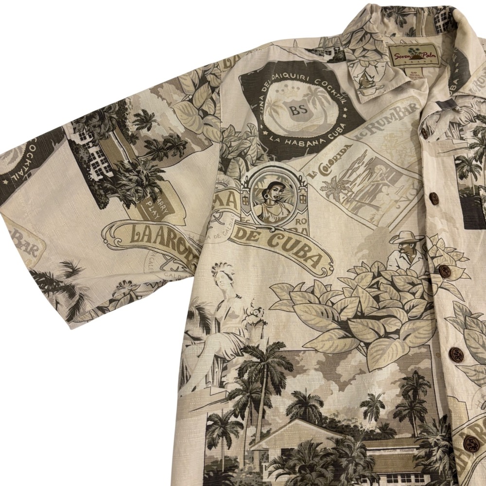 Seven Palm Tropical Silk Button Down Shirt Mens S Beige Vintage Cuba Postcard